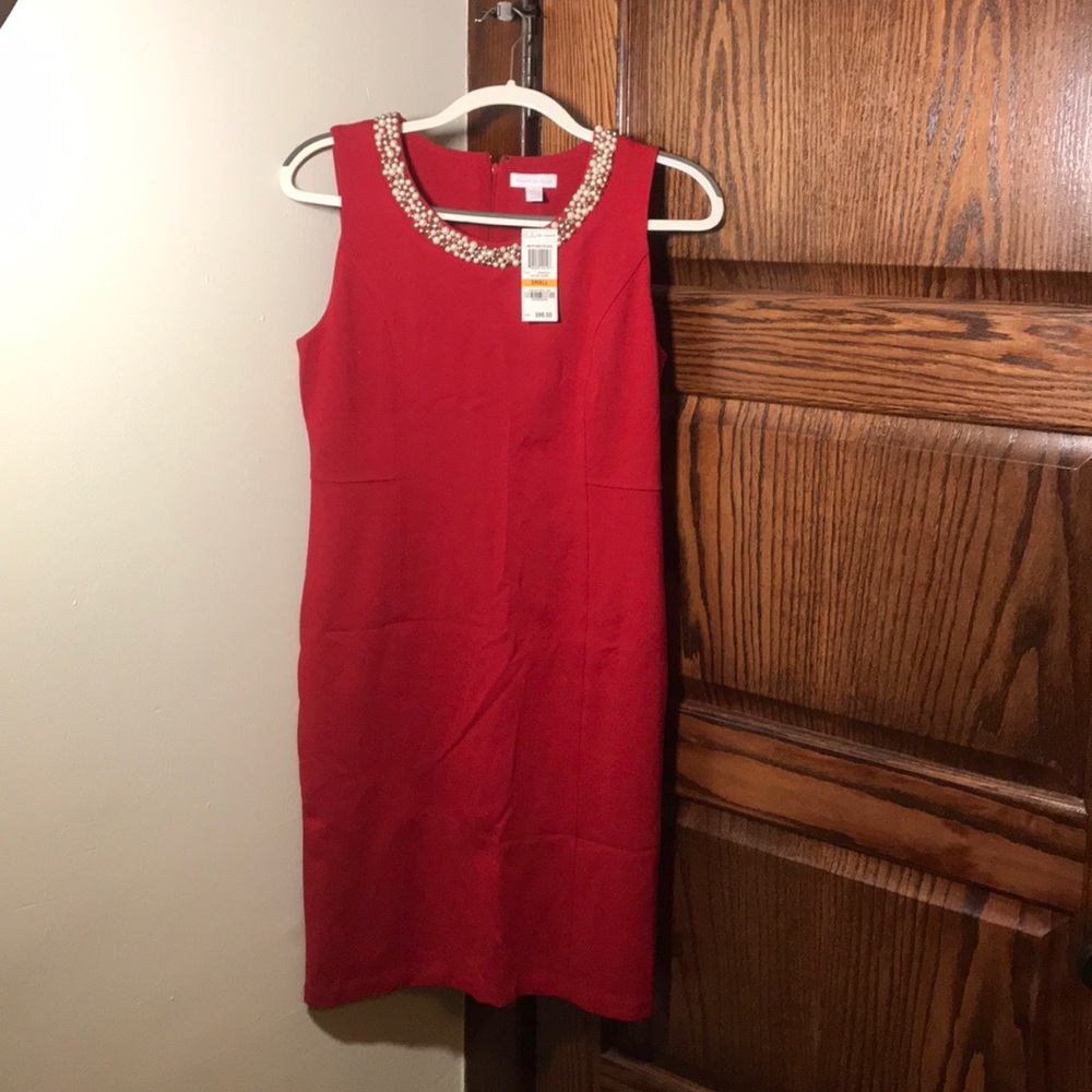 Red dress with embroidered neckline